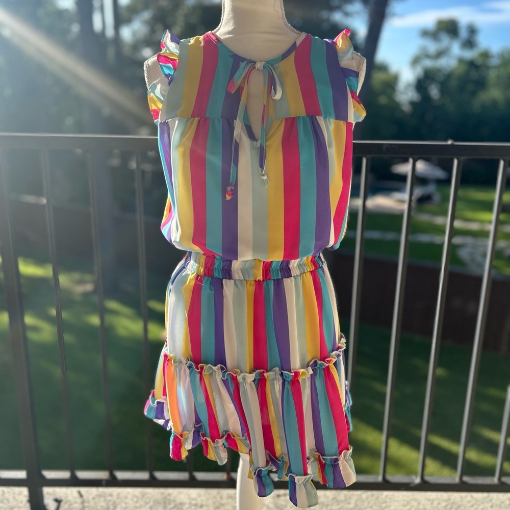 Women' | Adrienne Pink and Yellow Sundress Sleeveless Crew Neck